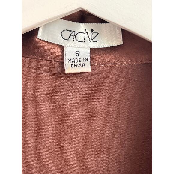 Cache Y2K Silk Long Sleeve Collared Pearl Snap Satin Button-Up Shirt Brown Small - Picture 5 of 8